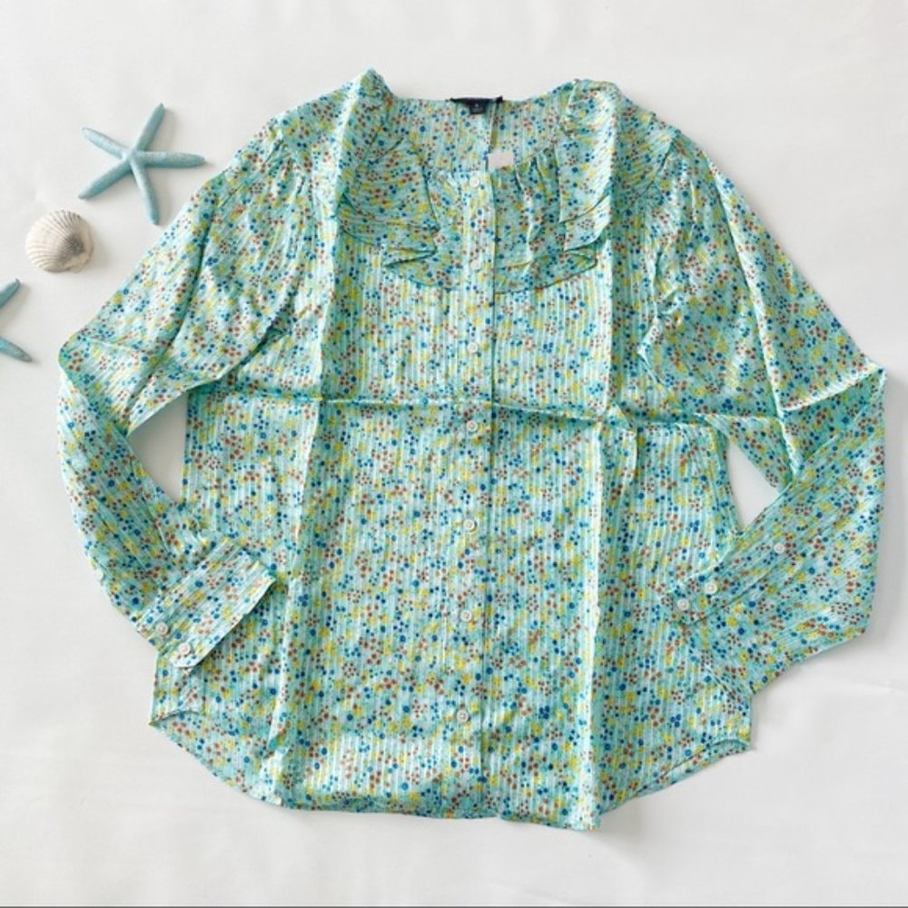 J. Crew | Ruffle Top In Field Day Print Aqua Small Ditsy Floral Mint New Viscose - Picture 3 of 15
